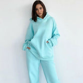 Athletic Patch Pocket Long Sleeve Hoodie Matching Set - Lake Blue